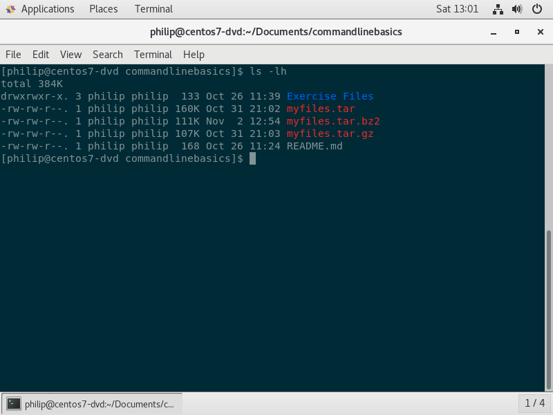 Figure 13 - the directory listing showing the Exercise Files folders as well as the three archives we created.